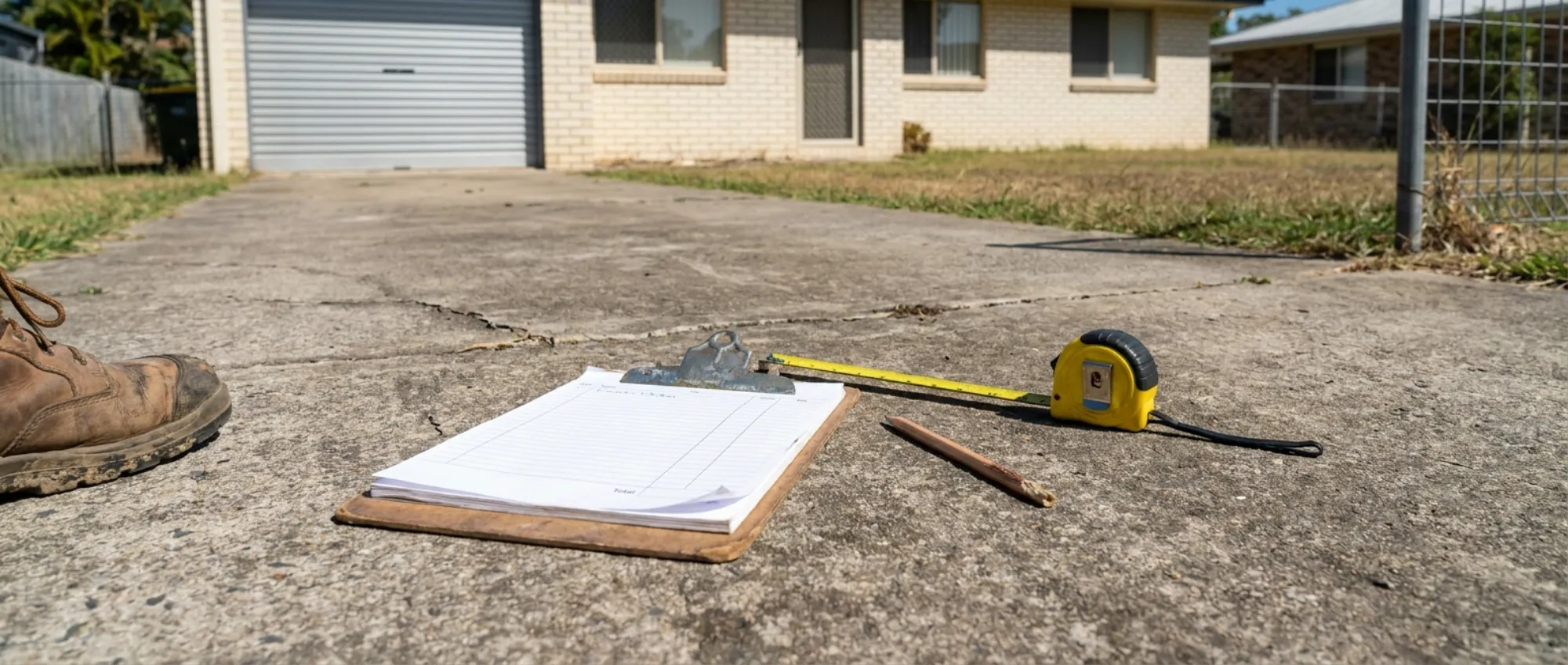 Tradesman&rsquo;s clipboard, quote pad and tape measure resting on a tired cracked grey concrete driveway